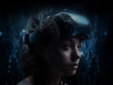 A young adult immerses themselves in a futuristic virtual reality game, navigating an AI-driven world with a blend of excitement and futuristic intrigue