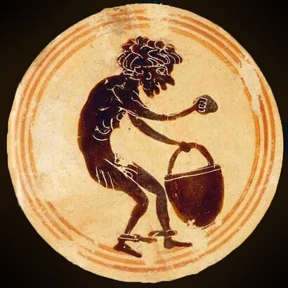 Esclavo trabajando en una mina. Detalle de una cílica de figura negra. Alrededor del 490 a.C. Pieza visible en el Museo Nacional de Antigüedades, Leiden, Países Bajos