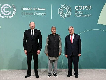 Muhammad Yunus with Ilham Aliyev, the President of Azerbaijan and António Guterres, Secretary-General of the United Nations