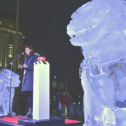 Festival Director Git Scheynius unveils Ai Weiwei ice sculptures at Norrmalmstorg ahead of the Stockholm International Film Festival 2014