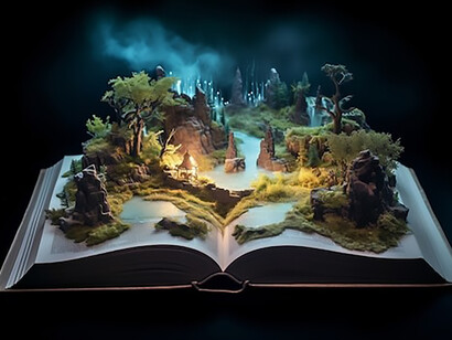 Explore the open book concept, where Creator Fiction intertwines with timeless fairy tale charm and captivating fiction storytelling, delving into realms of science fiction, fantasy, and dystopia