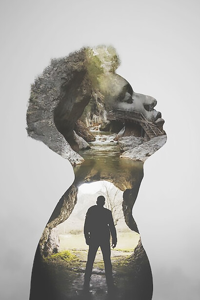 Explore the depths of self-discovery and self-reflection through a compelling visual representation of intertwined human silhouettes, evoking themes of introspection and personal growth