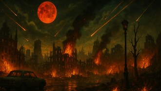 A once-thriving city now burns under a blood-red moon, its ruins swallowed by fire and falling stars—a silent witness to the end written in ash and sky
