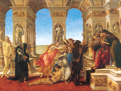 Sandro Botticelli, The Calumny of Apelles, c. 1495. Tempera on canvas, 62 x 91 cm. Galleria degli Uffizi, Florence