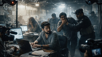 A tense newsroom scene captures the climate of fear and pressure surrounding independent journalism in Pakistan, where surveillance, intimidation, and institutional power increasingly shape what can be reported—and what must remain unsaid