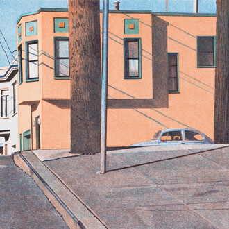 Robert Bechtle, Mississippi street intersection, 2007. Color soft ground etching with aquatint. Image size: 17¾ x 24¾"; paper size: 26 x 32¼". Edition 25. Courtesy of Crown Point Press