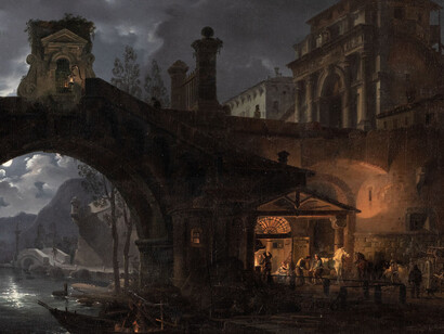 Giovanni Migliara, City outskirts with a bridge illuminated by moonlight and a blacksmith's workshop, 1829