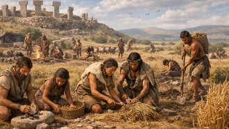 A reconstruction of life near Göbeklitepe 10,000 years ago, showing early communities cooperating with stone tools during the transition toward agriculture