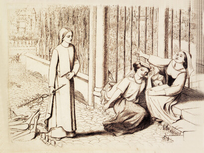 "Pippa Passes" (1854) is a delicate pen and ink drawing by Elizabeth Siddal. The work reflects the ethereal quality of the poem by Robert Browning, capturing the innocence and poignancy of the character Pippa in a moment of solitude