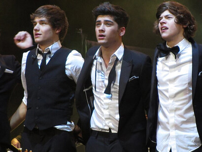 One Direction, Clyde Auditorium, Glasgow, Saturday 14 January 2012. From left to right: Niall Horan, Liam Payne, Zayn Malik, Harry Styles, Louis Tomlinson, UK