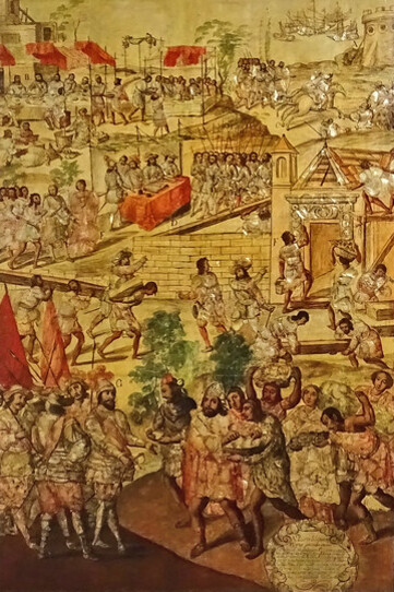 Panel de Conquista de México, enconchado en el Museo de América, Madrid, España