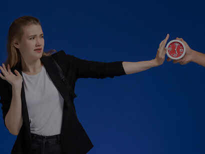 A profound visual metaphor as a woman stands resilient against the ticking hands of a clock, embodying a contemplative moment on the interplay between personal strength and the relentless march of time