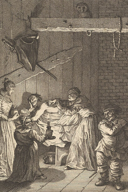 William Hogarth, La esposa y la hija del posadero cuidando de Don Quijote después de ser golpeado y magullado (Seis ilustraciones para Don Quijote)