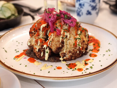 Roasted cauliflower with wild mushrooms and red pepper sauce