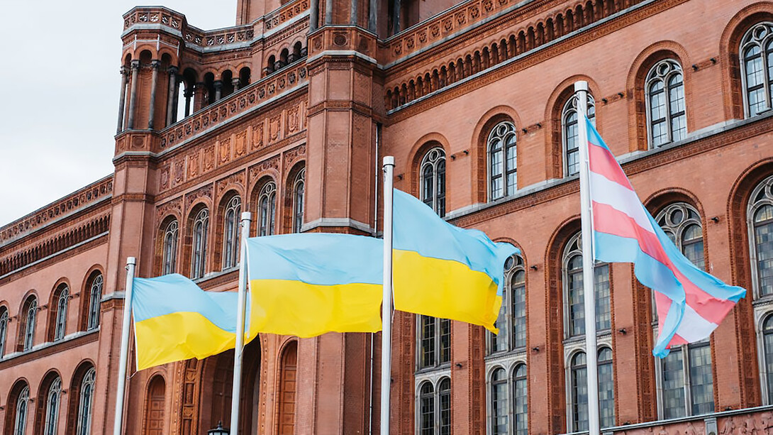 Ukrainian flags fly near Berlin's Rotes Rathaus in Germany