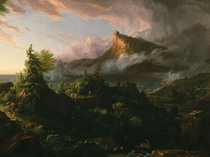 Thomas Cole, El Estadio Primitivo, o El Comienzo del Imperio, primera pintura de la serie La vida del Imperio, 1834