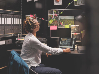 The secretive realm of private investigation as detectives pore over surveillance photos on a laptop in a dimly illuminated room, piecing together clues and unlocking mysteries