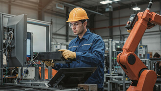 An engineer collaborates with a robotic assistant in a modern industrial facility, showcasing human-robot teamwork