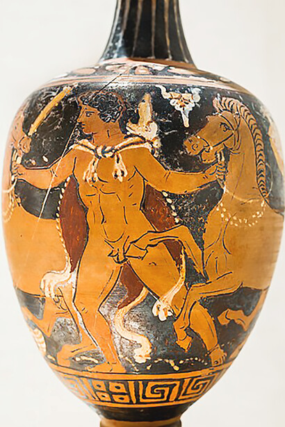 Baltimore Painter masterpiece, RVAp 27-78, depicting Herakles in a timeless pose holding horses, showcased in Taranto MAN 8910 and Canosa Man