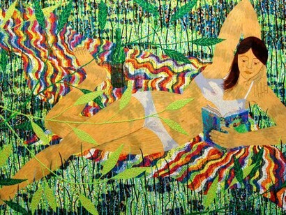 Benjamin Degen, Winding Leaves, 2013, Oil on linen over panel, 72 x 108 in. Courtesy: Susan Inglett Gallery, NYC.