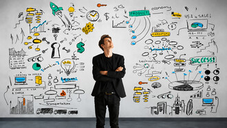 A young entrepreneur reflects on innovation, strategy, and business growth while surrounded by a visual map of ideas and opportunities