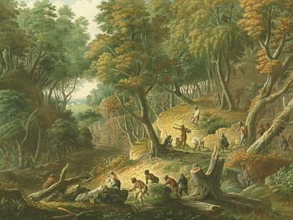 An aquatint depicting British troops ambushed by a group of Maroons on the Dromilly Estate in Trelawney, Jamaica, in 1795, based on a painting by F. J. Bourgoin