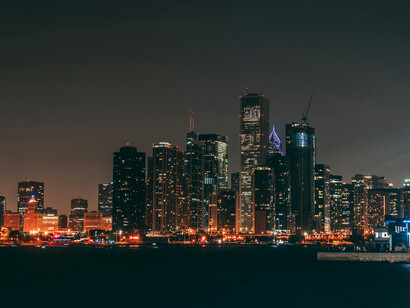 Downtown Chicago at night, seen from the lake, Chicago, Illinois, USA