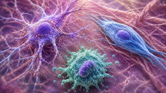 Mikroumgebung: Zu diesen Zellen gehören Pankreas-Sternzellen, Fibroblasten, Makrophagen und andere Immunzellen, Endothelzellen sowie Nerven des autonomen Nervensystems. Bild: Pankreas-Sternzelle (violett), Makrophage (grün) und Fibroblast (blau)