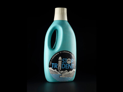 Protest rattle made from a laundry detergent bottle used on the Peace March Scotland 1982. Courtesy of National Museums Scotland