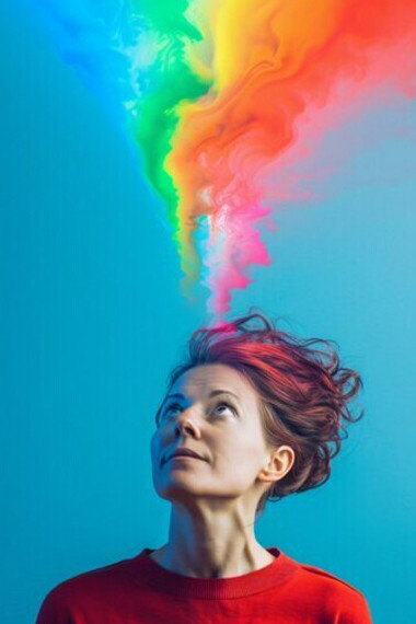 Portrait of a person with colorful rainbows streaming from their minds against a blue background