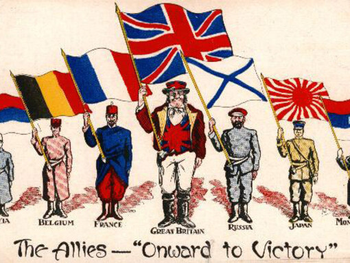 Postcards depicting personifications of principal Entente nations. The Russian soldier is mistakenly shown holding the Cross of St. Andrew (naval flag) instead of the usual three-color flag