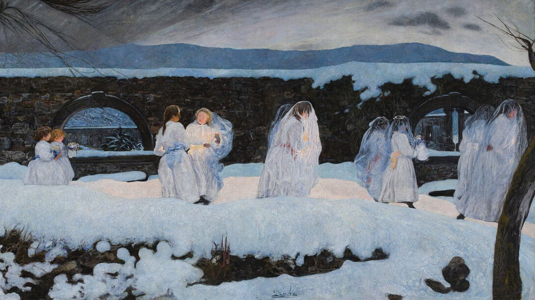 Edoardo Berta, Funerale bianco (White funeral), 1900–1902. Sentiment and observation. Art in Ticino 1850-1950, exhibition painting. Courtesy of MASI Lugano