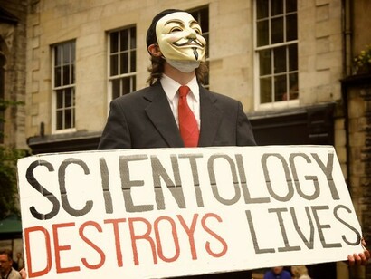 Protesters outside a Scientology center on February 10, 2008