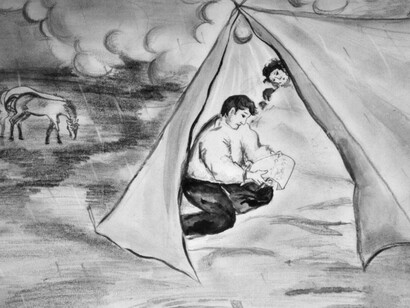 Disegno di Rasim Sejdić, "Tenda Rom sotto la pioggia"