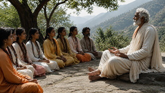 A guru instructing his disciples in a serene mountainous setting