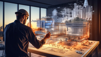 An architect using VR glasses and advanced 3D technology to design a project