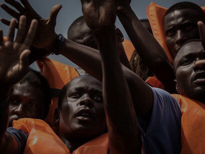 People wearing life jackets during a migration crisis, aboard a boat crossing the Mediterranean Sea from Africa