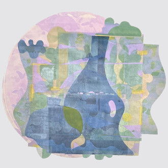 Karin Bruckner, Sicmunduscreatusest, 2023. Oil Monotype Chine Collé On White Bfk Rives Printmaking Paper Hand Pulled By Artist on Etching Press Hand Finished with Paper Cuts, Folds, and Metal Leaf, 26 X 26 Inches;29 X 29 Inches. Courtesy of Susan Eley Fine Art