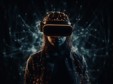 Young adult playing futuristic virtual AI reality game