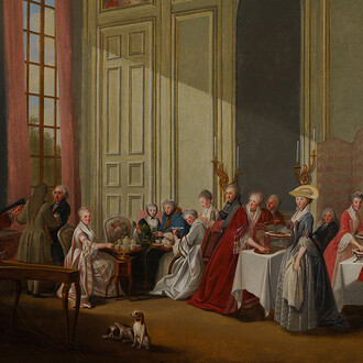 Michel-Barthélémy Ollivier, English tea in the salon des Quatre-Glaces at the Maison du Temple (detail), 1770. Courtesy of Morgan Library and Museum