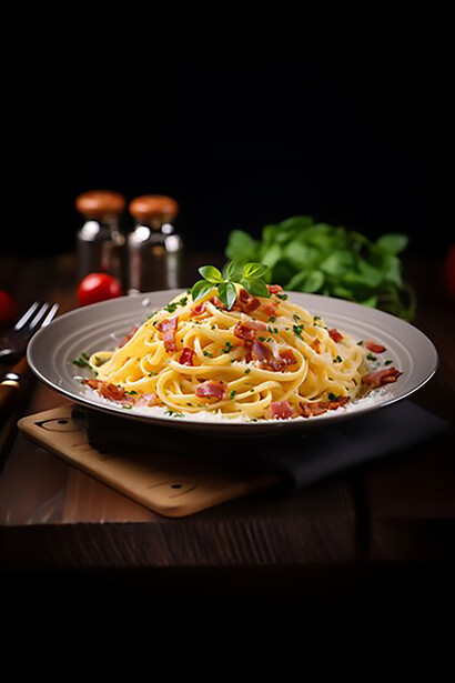 The rich flavors of pasta carbonara, a beloved Italian culinary masterpiece, elegantly presented on a plate, capturing the essence of traditional pasta dishes
