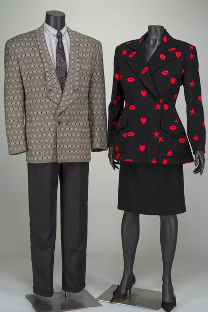 Women’s suit, c. 1988. Wool. Patrick Kelly, France. Gift of Ms. Dorothy Fuller. 2008.174.1a-b. Men’s suit, fall/winter 1985–86. Cashmere, wool, cotton, silk, leather. Gianni Versace, Italy. Gift of Gianni Versace. Courtesy of the Chicago History Museum