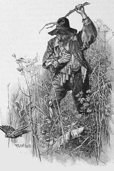 Robinson Crusoe cazando un ave. Ilustración de Walter Paget en "La vida y las extrañas y sorprendentes aventuras de Robinson Crusoe", Daniel Defoe, 1891