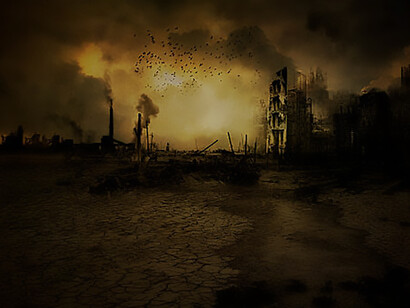 Amidst a war fog sky background, silhouettes of World War soldiers stand below a cloudy skyline at night, depicting a battle in a ruined city