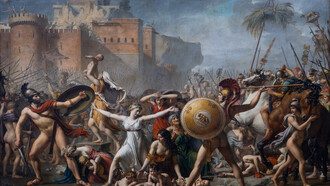 Jacques-Louis David, "La intervención de las Sabinas", óleo sobre lienzo neoclásico terminado en 1799. La pintura representa el momento en que, mucho tiempo después del rapto, romanos y sabinos se enzarzaron en guerra y las sabinas, a la sazón hijas y hermanas de sabinos, pero esposas y madres de romanos, intervinieron para detener la guerra