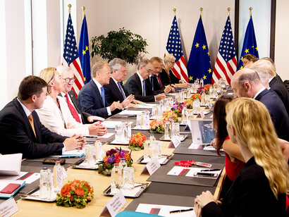 Jean-Claude Juncker and Federica Mogherini joined Donald Tusk, Antonio Tajani, and Donald Trump for the EU-US Leaders' meeting, discussing security, climate change, foreign policy, and trade