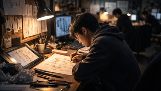 A late-night animator works in quiet concentration, capturing the unseen labour and long hours behind the stunning visuals of modern anime