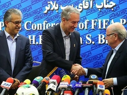 FIFA President Sepp Blatter in a press conference with Asian Football Confederation President Salman Al-Khalifa, and Football Federation of Islamic Republic of Iran President Ali Kafashian in a press conference in Tehran
