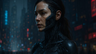 A lone female cyborg stands in a neon-lit cyberpunk city, her human features fused seamlessly with advanced technology—embodying the blurred boundaries of posthumanism in a dystopian future