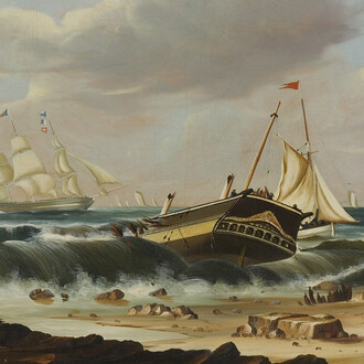 Thomas Chambers
American, born England, ca. 1808‒1869
Rockaway Beach, New York, with the Wreck of the Ship “Bristol”
ca. 1837‒40
Oil on canvas
21 ¾ x 30 3/8 in. (55.2 x 77.2 cm)
Sidney and Lois Eskenazi Museum of Art, Morton and Marie Bradley Memorial Collection